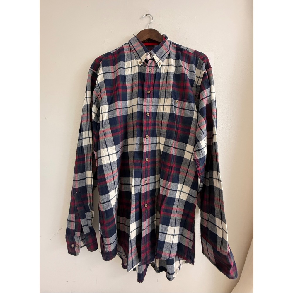 Enro English Twill Mens Large Tall Plaid Button Down Shirt Navy Red Long Sleeve